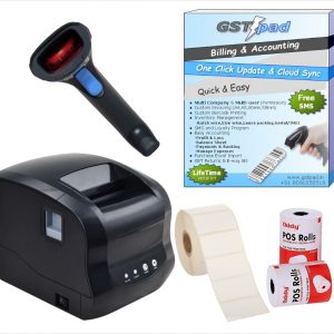 Combo Receipt & Barcode 80mm Printer + Barcode Scanner + GSTpad Billing & Accounting Software + Thermal Receipt and Barcode Rolls