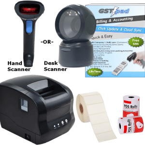 Combo Receipt & Barcode 80mm Printer + Barcode Scanner + GSTpad Billing & Accounting Software + Thermal Receipt and Barcode Rolls